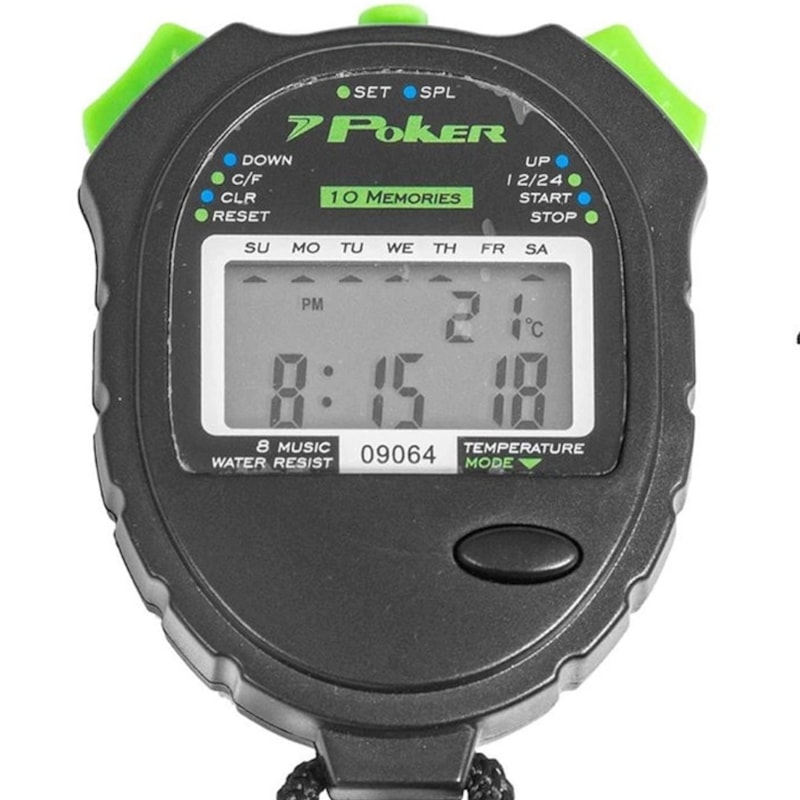 Cronômetro Digital Poker Pro Running 10 Voltas Preto e Verde