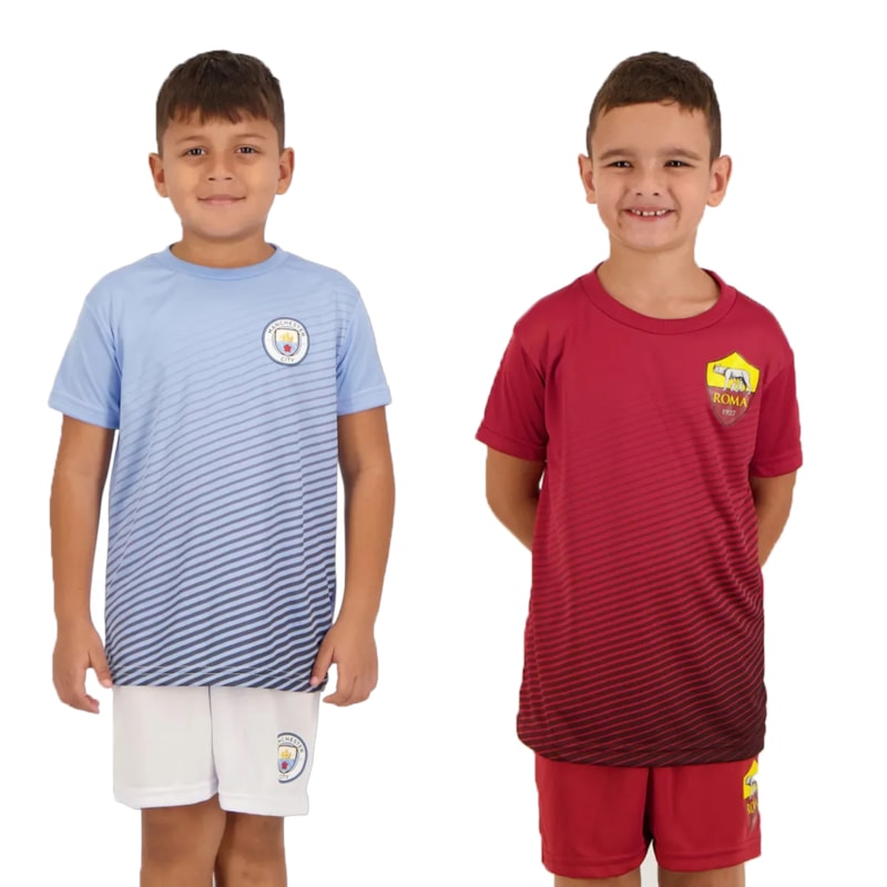 Kit 2 Conjuntos Manchester City e Roma Camisa + Calção Infantil