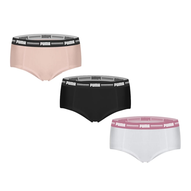 Kit 3 Calcinhas Puma Mini Boxer Feminino - Preto/Branco/Rosa Kit 3 Calcinhas Puma Mini Boxer Feminino - Preto/Branco/Rosa