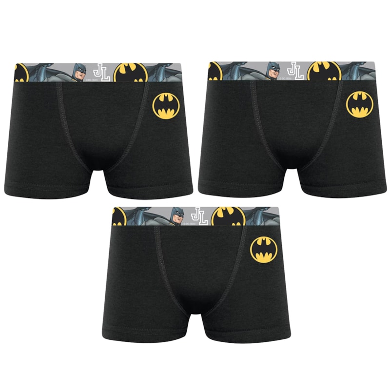 Kit 3 Cuecas Boxer Selene Batman Infantil - Preto