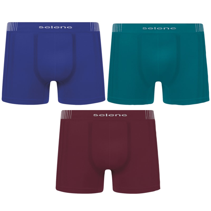 Kit 3 Cuecas Boxer Selene Sem Costura Masculino - Bordô, Azul e Petróleo