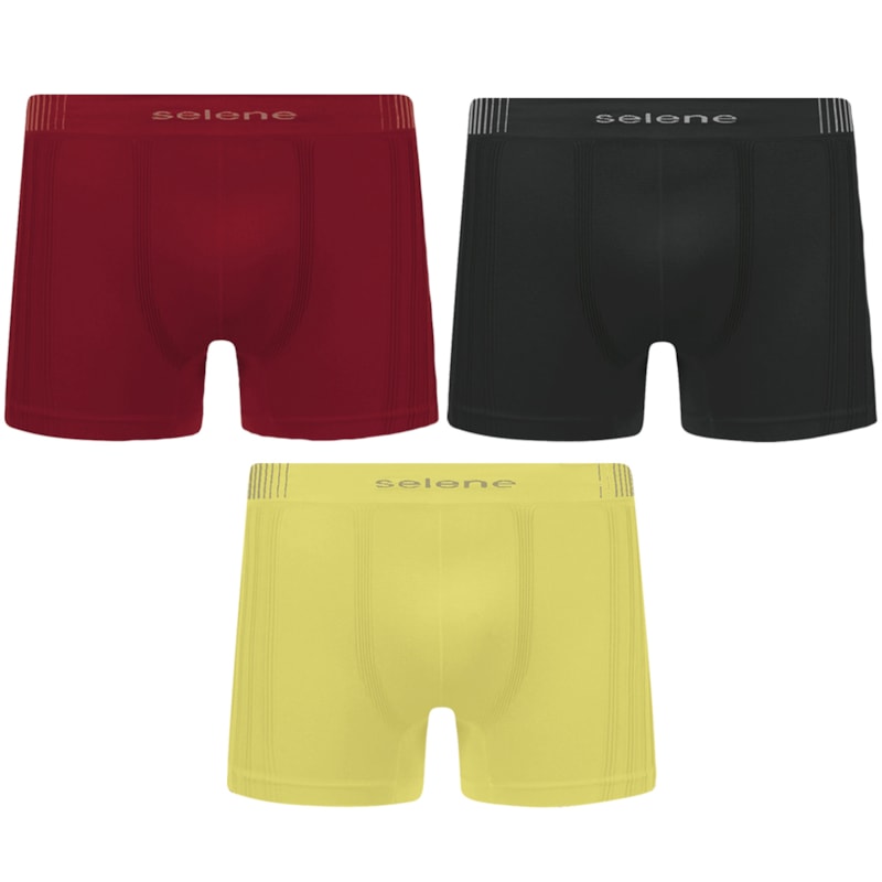 Kit 3 Cuecas Boxer Selene Sem Costura Masculino - Preto, Amarelo e Vermelho