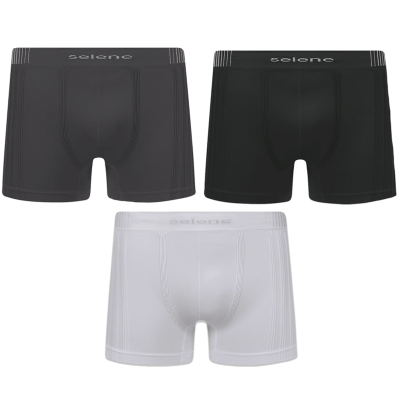 Kit 3 Cuecas Boxer Selene Sem Costura Masculino - Preto, Branco e Chumbo