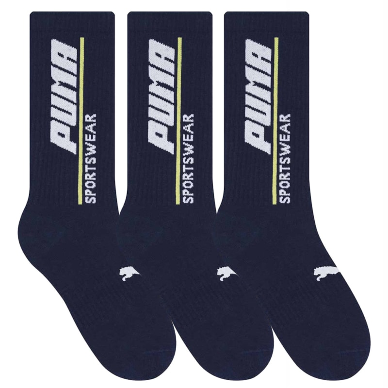 Kit 3 Pares de Meia Puma Esportiva Cano Longo Masculino - Marinho e Branco Kit 3 Pares de Meia Puma Esportiva Cano Longo Masculino - Marinho e Branco