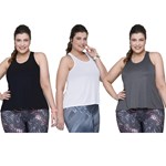 Kit 3 Regatas Selene Fitness Plus Size Feminina - Preto, Branco e Cinza