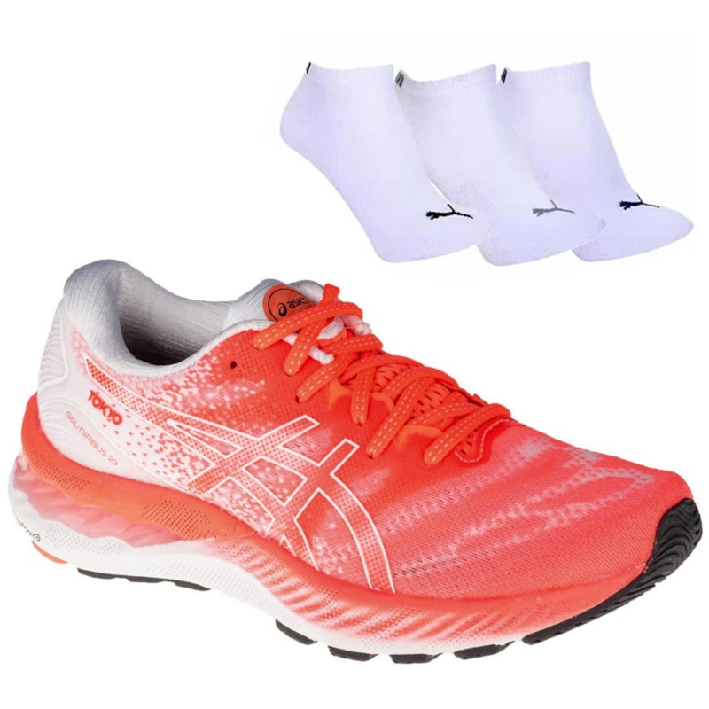 Kit Tênis Asics Gel-Nimbus 23 Tokyo Feminino + 3 Pares de Meia Kit Tênis Asics Gel-Nimbus 23 Tokyo Feminino + 3 Pares de Meia