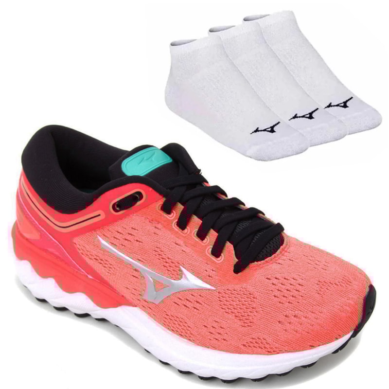Kit Tênis Mizuno Wave Sky Rise Feminino + 3 Pares De Meia Kit Tênis Mizuno Wave Sky Rise Feminino + 3 Pares De Meia