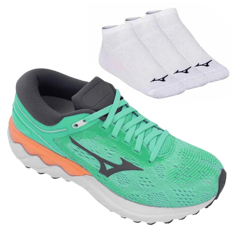 Kit Tênis Mizuno Wave Sky Rise Feminino + 3 Pares De Meia Kit Tênis Mizuno Wave Sky Rise Feminino + 3 Pares De Meia