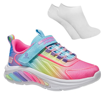 Kit Tênis Skechers S Lights Rainbow Cruisers Infantil + Par De Meia