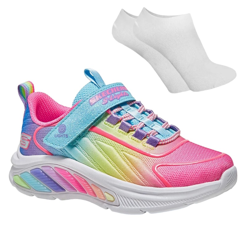 Kit Tênis Skechers S Lights Rainbow Cruisers Infantil + Par De Meia