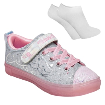 Kit Tênis Skechers S Lights Twinkle Toes Sparks Ice Heather Magic Infantil + Par De Meia